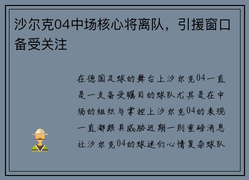 沙尔克04中场核心将离队，引援窗口备受关注